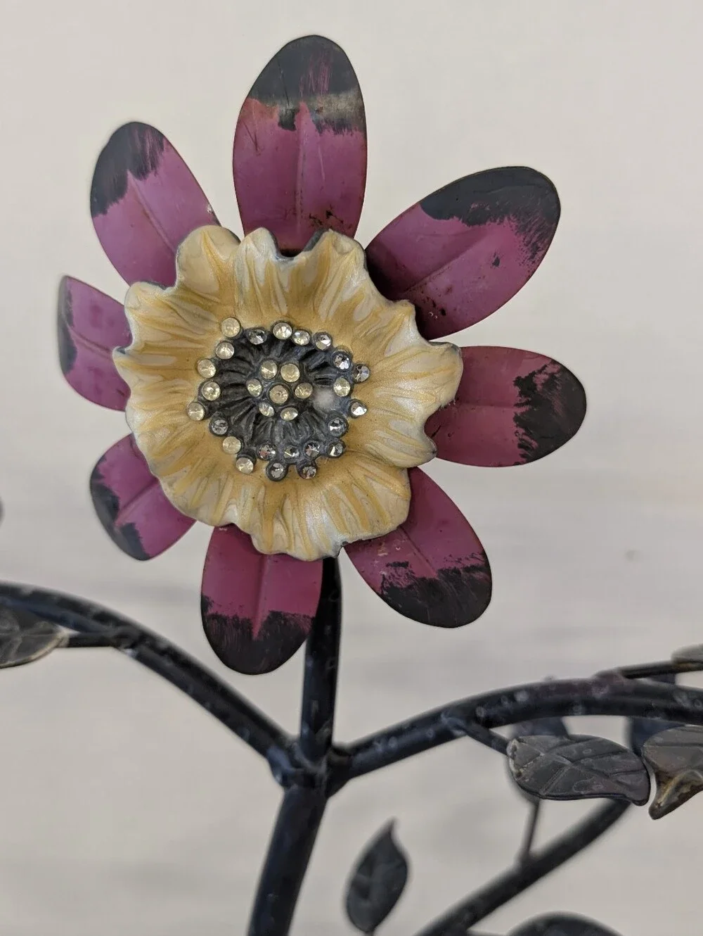 Vintage Jewelry Stand  Metal with Pink Petals and Yellow Center